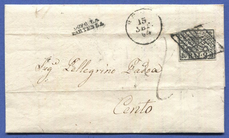 ROMAN STATES Italy 1852 Sc 3  2 baj on cover, ROMA to Cento, cv $190