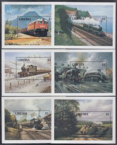 LIBERIA Sc# 1165-7 CPL MNH SET of 6 SOUVENIR SHEETS - LOCOMOTIVES