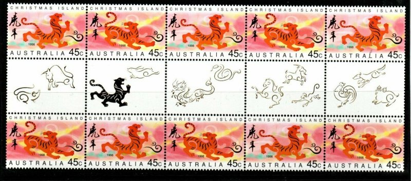 CHRISTMAS ISLAND SG440/1 1998 YEAR OF THE TIGER GUTTER PAIR STRIPS MNH