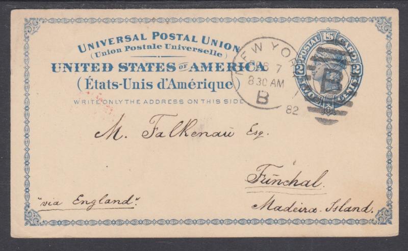 US Sc UX6 used 1879 2c Liberty Postal Card to Funchal