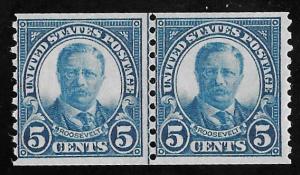 602 5 cents T. Roosevelt Blue Line Pair Stamp Mint OG NH F