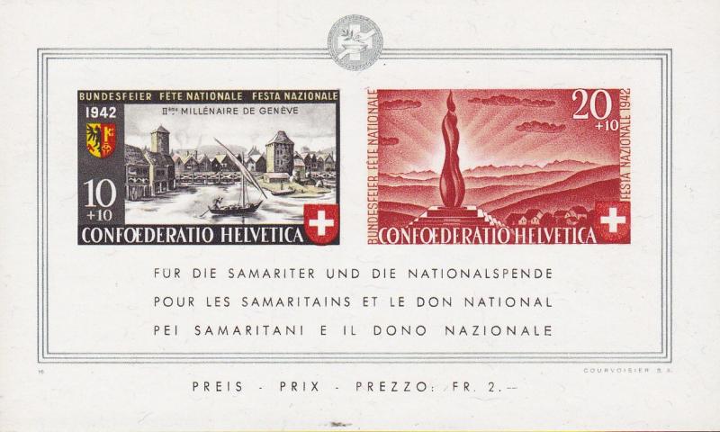 Switzerland 1942 Geneva 2'000 Anniversary Souvenir Sheet. XF/NH/(**) Semi-Postal