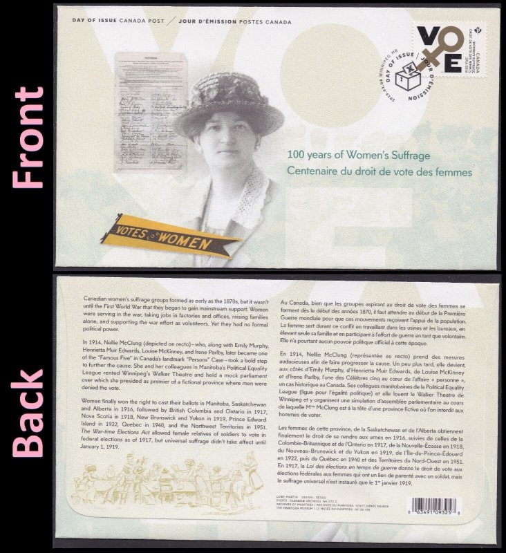 Canada 2901 VOTE Women's Suffrage 100th Anniv FDC 2016