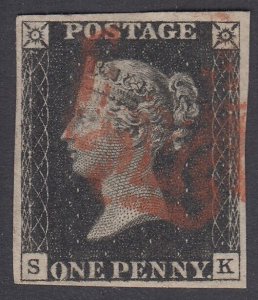 SG 2 1d black plate 10 lettered SK. Very fine used with a red Maltese cross...