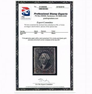 STUNNING GENUINE SCOTT #36 USED 1857 BLACK PLATE-1 PSE CERT GRID RED NUMERAL 10