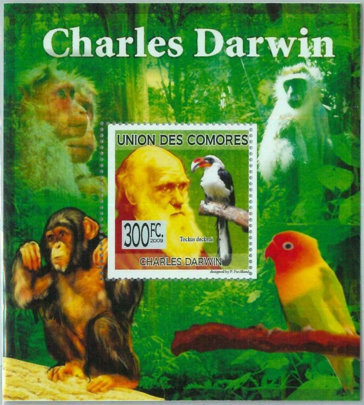 A0406 - COMORES, ERROR, MISPERF, Souvenir sheet: 2009, C. Darwin, Monkeys, Birds