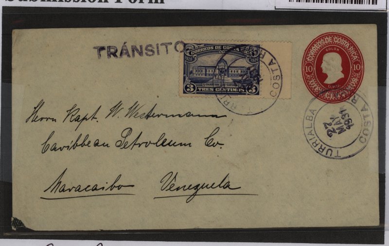 Costa Rica  1931 10c env. + 3c stamp from Turrialba, Transito San Jose Transit, Maracaibo arrival