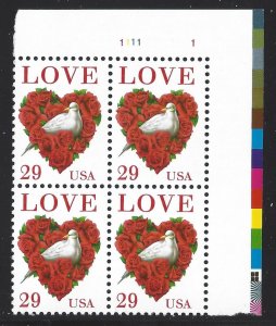 1994 Love Bird Valentine's Plate Block of 4 29c Stamps, Sc# 2814, MNH, OG