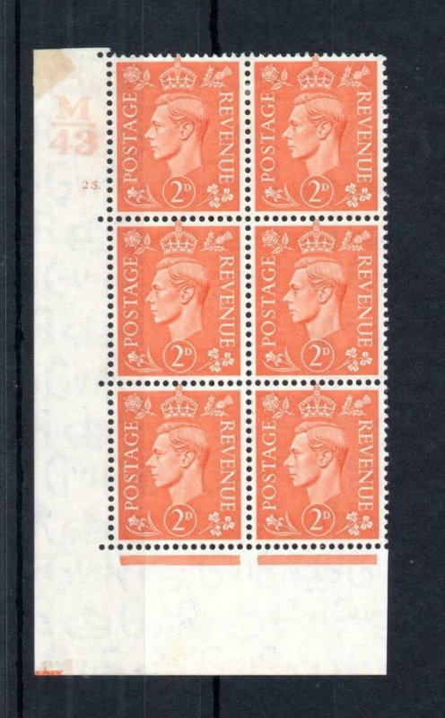 GEORGE VI 2d PALE ORANGE MOUNTED MINT CONTROL M43 CYLINDER 25. BLOCK Cat £20