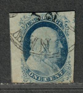 US Sc#9 Used/F-VF+, Pos 7IR1L, Centerline, Fancy NY Cancel, Cv. $80