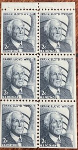 US #1280c MNH SG Booklet Pane of 6 F L Wright SCV $1.25 L42