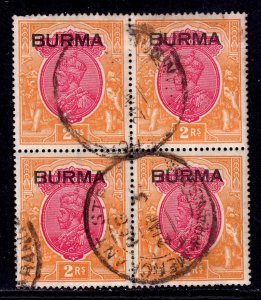 BURMA — SCOTT 14 — 1937 KGV 2r ISSUE — BLOCK/4 — USED — SCV $110