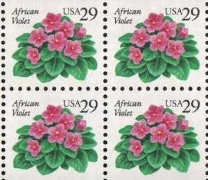 1991 African Violets Partial Booklet Pane Of 4 29c Stamps, Sc# 2486, MNH, OG