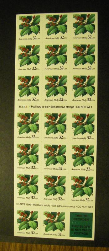 Scott 3177a, 32c Holly, Booklet pane of 20, #B3333, MNH Beauty