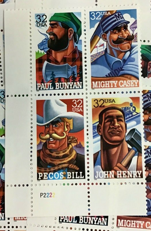 3083-3086  Folk Heroes  32 c 25 Plate Blocks FV $32.00. Issued 1996