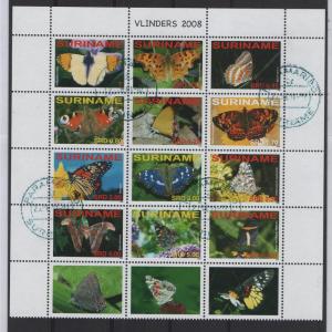 Surinam  #1366  cancelled   2008 butterflires  sheet block of twelve