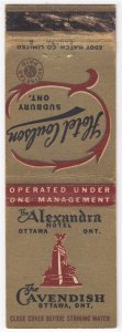 Canada Revenue 1/5¢ Excise Tax Matchbook THE ALEXANDRA HOTEL