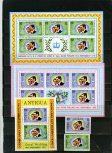 ANTIGUA 1973 ROYALTY SET OF 2 STAMPS, 2 SHEETS OF 5 STAMPS AND LABEL & S/S MNH