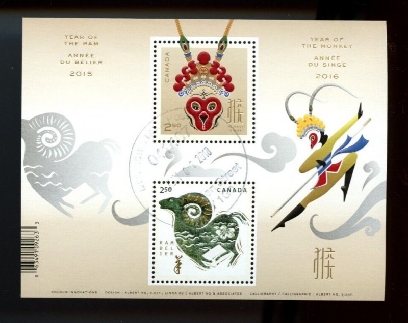 ? Chinese Year of the RAM $2.50, MONKEY $2.50 stamps Souvenir Sheet used Canada 