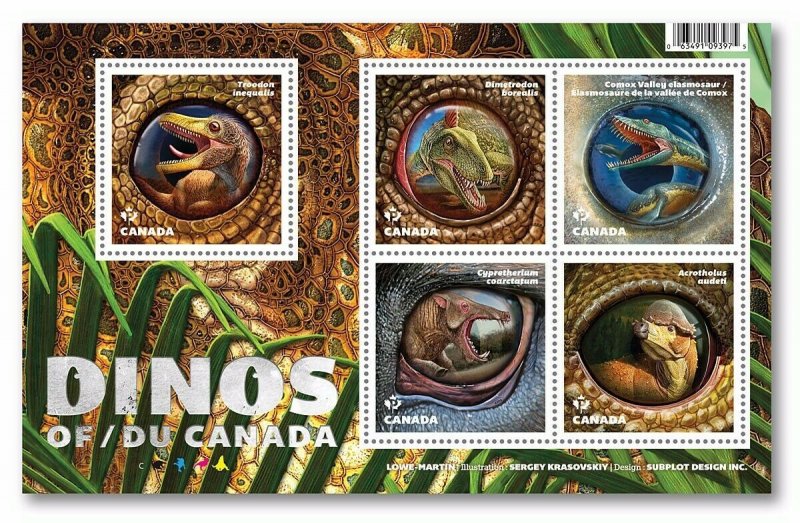 DINOS OF CANADA = DINOSAURS = Souvenir Sheet of 5  stamps MNH 2016 #2923