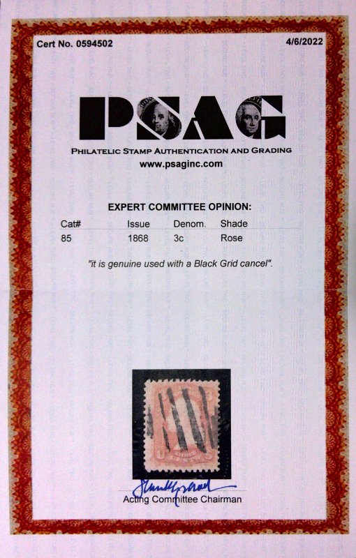 US Scott #85 - 3c Washington - Rose - C-Grill - 1868 - PSAG Cert