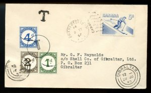 ?RARE POSTAGE DUE to GIBRALTAR, short-paid, 1957, dues tied to cover Canada