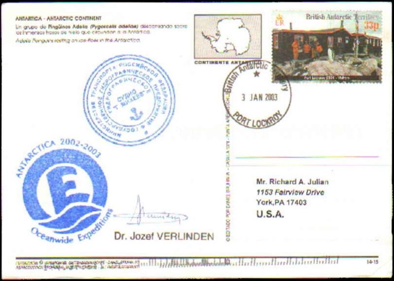 2003 BRITISH ANTARCTIC TERRITORY OCEANWIDE EXPEDITION + SIGNED ON POSTCARD