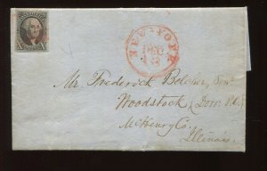 2 Washington Used Stamp on 1848 Cover NY to Illinois with PF Cert (CV 1094)