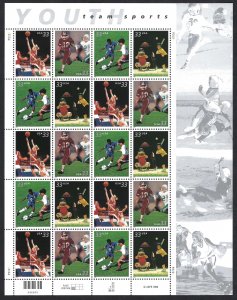 United States #3399-3402 33¢ Youth Team Sports.  Mini-sheet of 20. MNH