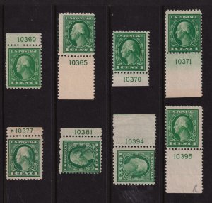 1917 Sc 498 MNH lot of 8 singles, plate numbers 10360/10395 Hebert CV $48 (B15
