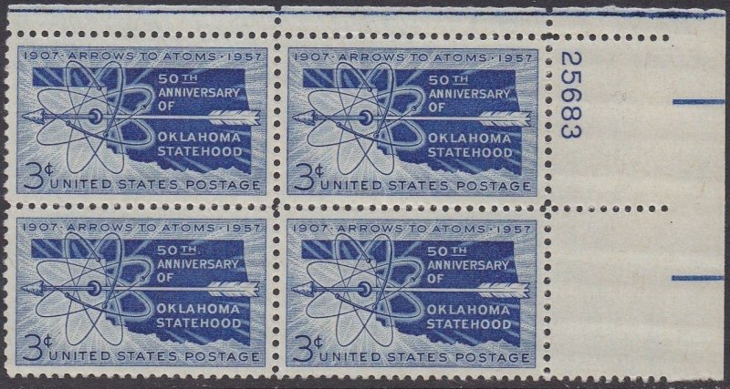 1092 Oklahoma Statehood Plate Block MNH