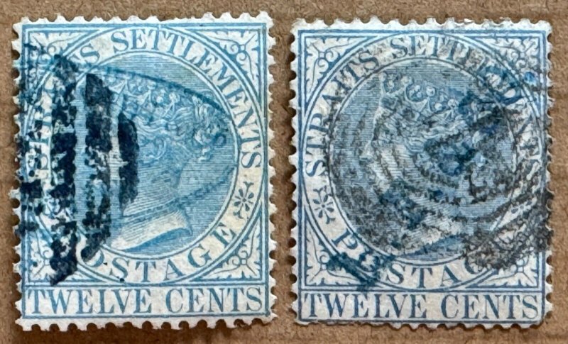 MALAYA Straits Settlements 1867-72 QV 12c CC Varieties Used SG#15&15a M5460