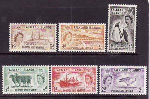 Falkland Is.-Sc#122-7- id9-unused NH QEII set-Animals-Ships-Birds-1955-7-