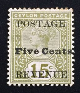 1890 CEYLON Queen Victoria 5 cents on 15 cents MHSG#233 c4182