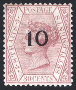 Malaya Straits Settlements 1880 10(c) on 30c Claret Scott 22 SG 33 MLH Cat $325