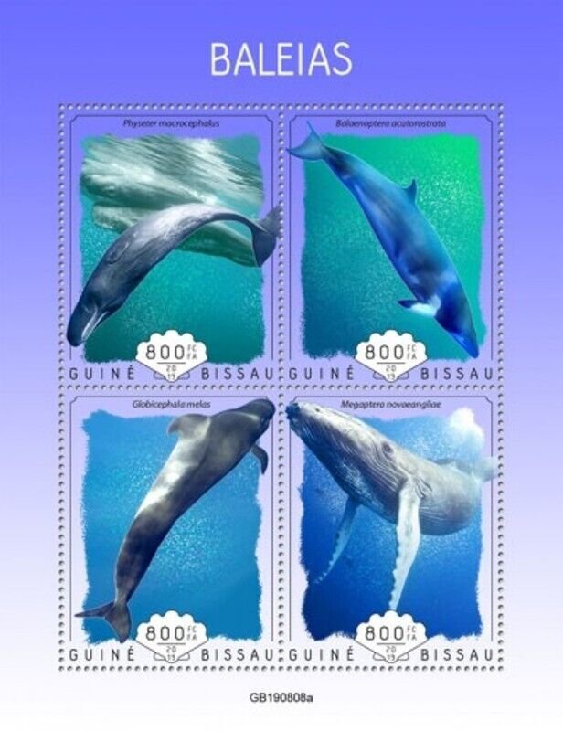 Guinea-Bissau - 2019 Whales on Stamps - 4 Stamp Sheet - GB190808a