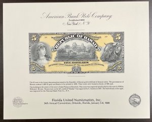 ABNC SO62 1989 Souvenir Card $5 Gold Certificate Republic of Hawaii