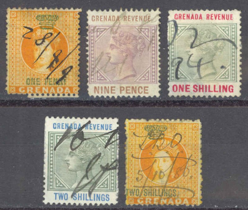 Grenada Used lot/5 1p-2sh Queen Victoria Revenues