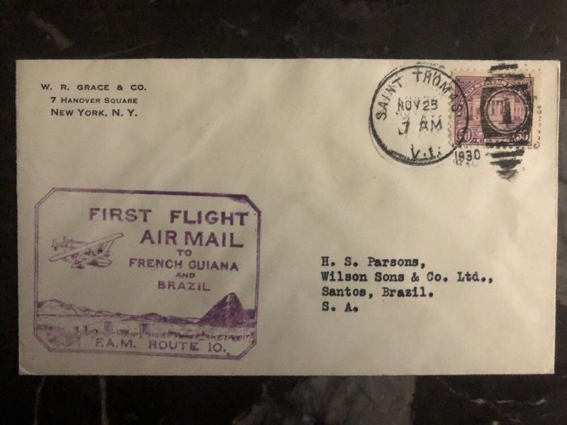 1930 Saint Tomas VIrgin Island Usa first flight cover FFC To Santos Brazil