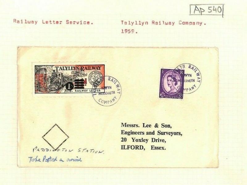 GB WALES *Talyllyn Railway Stamp* 1s Surcharge Cover 3d Wilding 1959 Ap540