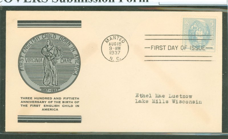 US 796 1937 5c Virginia Dare solo on an addressed typed FDC with a Linprint cachet