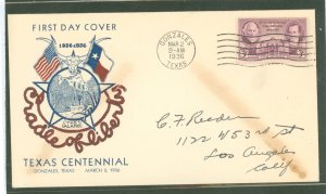 US 776 1936 3c Texas Centennial (single) on an addressed FDC with an unknown cachet