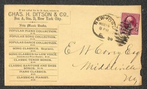 USA 219D STAMP DITSON NEW MUSIC BOOKS NEW YORK ADVERTISING COVER 1890