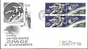 1967 FDC, #1331a, 5c Space Achievements, Art Craft, block of 4