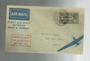 1937 Delhi to Bombay India  First FLight Cover  ATA Airmail FFC