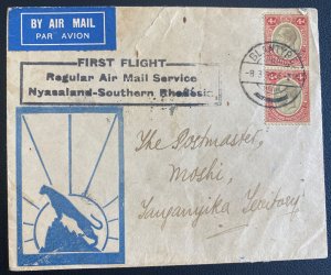 1934 Blantyre Nyasaland First Flight Airmail Cover FFC To Moshi Tanganyika