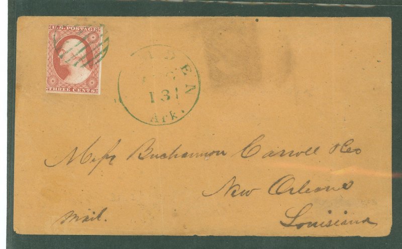 US  Camden Arkansas 13 Aug 185x. Green CDS and green killer handstamps. Scott #11A tied by green bars. (Scott #11A w green cance