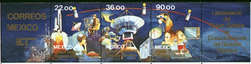 MEXICO 1388a Launch of Morelos Telecom Satellite strip MINT, NH. F-VF.