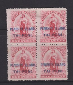 Penrhyn Island Sc#6 SG9a Block of 4 - 2xMNH, 2xMH - couple tone spots