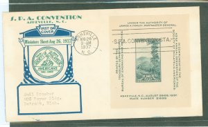 US 797 1937 10c Smoky Mountains Farley miniature sheet on an addressed (typed) FDC with a cachet-craft cachet with an Asheville,